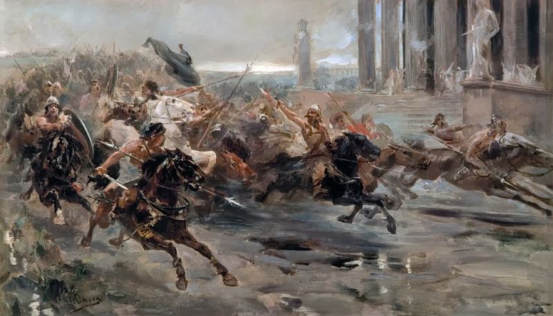 Invasion of the Barbarians or The Huns approaching Rome - Color Painting Attila the Hun