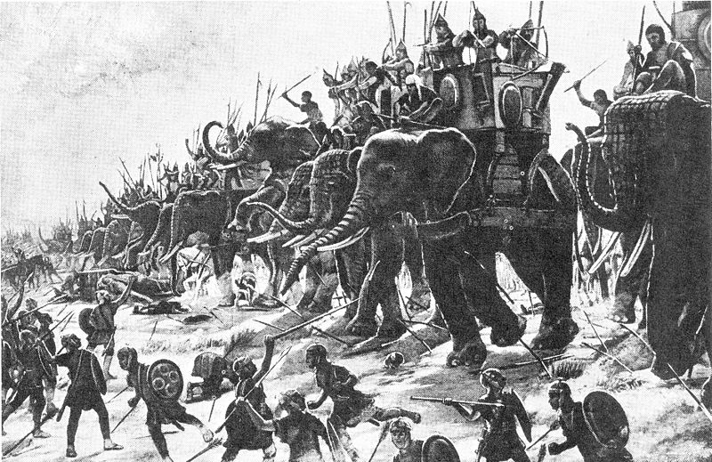 Carthaginian leaders riding elephants charge into Roman foot soldiers